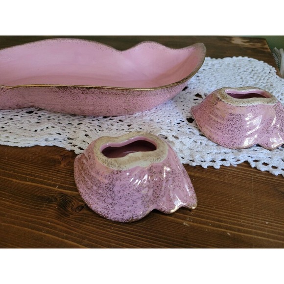 Vintage Gilner USA Pottery Pink and gold console bowl And Candle Holders - Picture 5 of 9